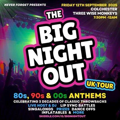 The BIG NIGHT OUT - 80s, 90s v 00s Colchester Three Wise Monkeys