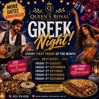 GREEK NIGHT| Live Bouzouki, Belly Dancer & 3-Course Greek Feast at The Queen's Royal