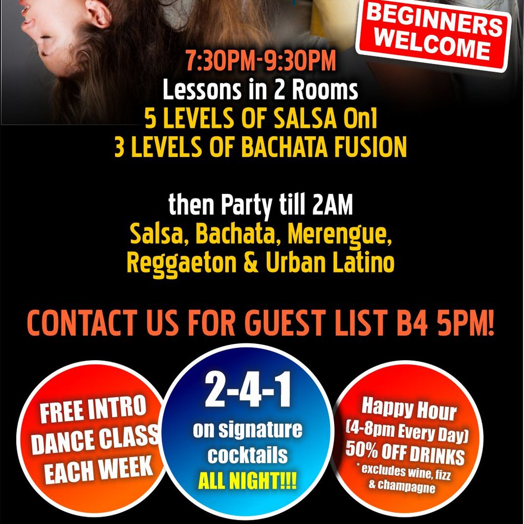Wednesdays FREE dance class 7pm. 241 select cocktails Bar Salsa