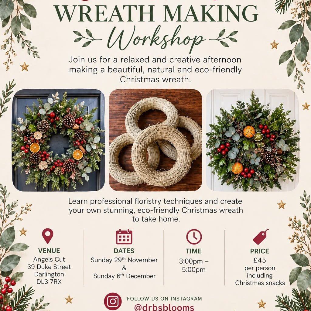Wreath making workshop at Angels Cut Bar, Darlington