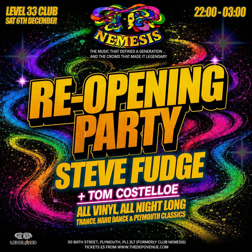 Nemesis: Steve Fudge + Tom Costelloe All Night Long at Level 33   Open Air Rooftop Venue And Club, Plymouth