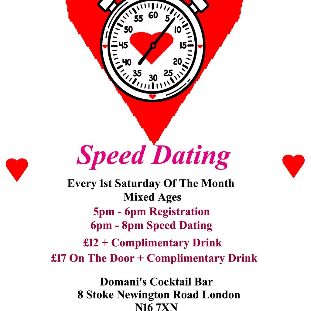 Speed Dating. Mixed Ages. Saturdays 15 November 2025. Domani's.
