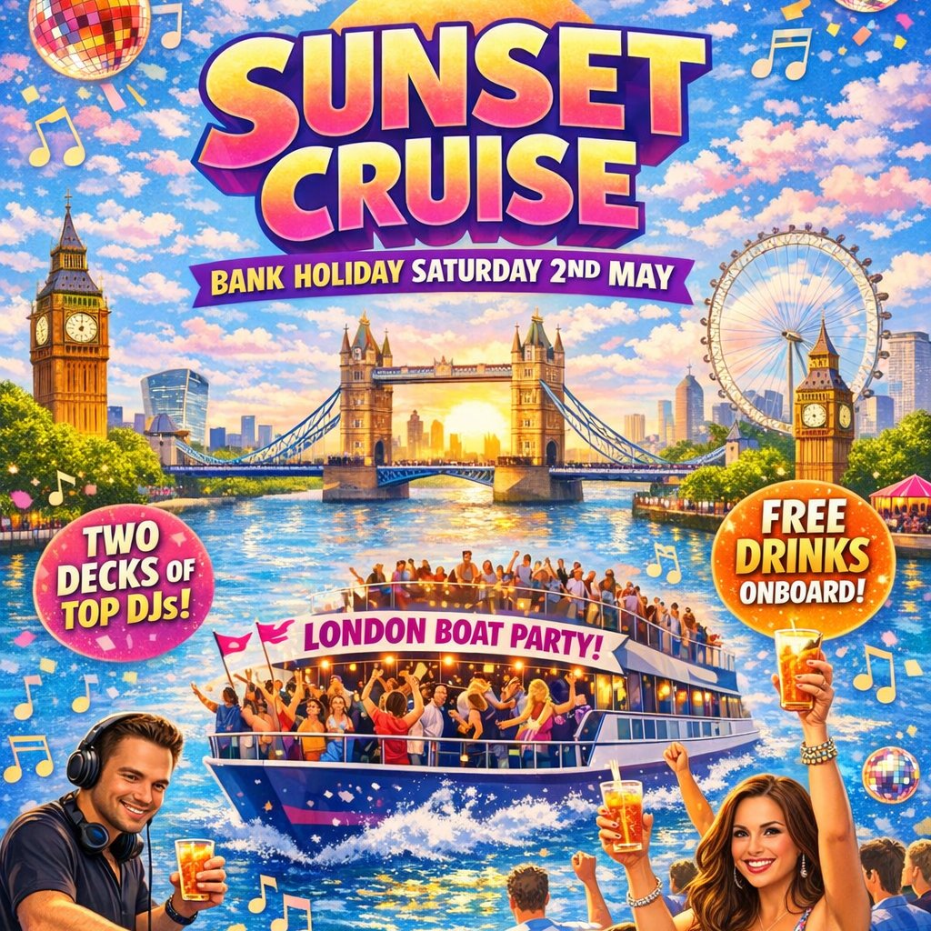 Sunset Cruise Bank Holiday weekend. Open bar 4 hours